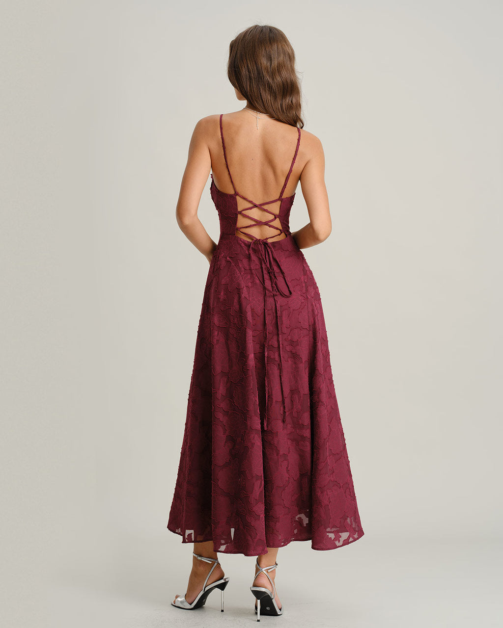 Cassandra | Damen Jacquard-Maxikleid – Bordeaux