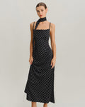 Freya | Damen Polka-Dot-Maxikleid mit Wasserfall-Ausschnitt – Schwarz