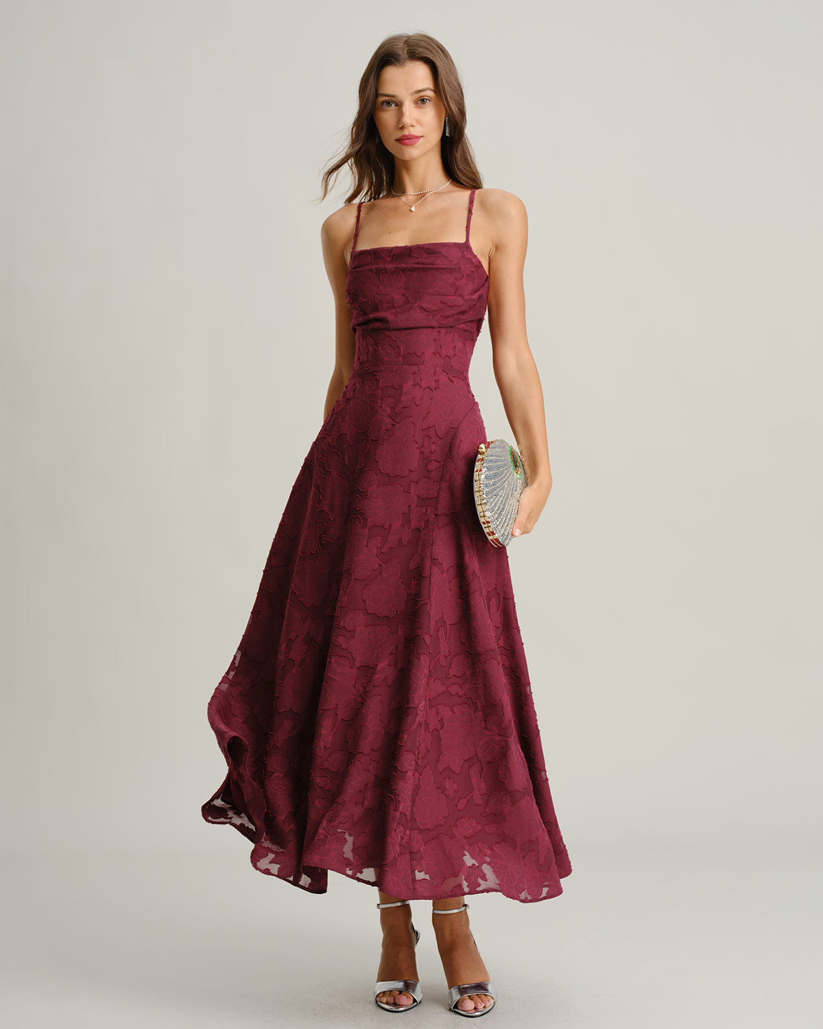 Cassandra | Damen Jacquard-Maxikleid – Bordeaux