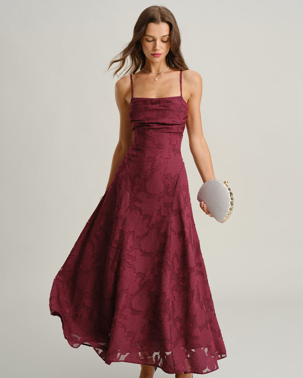 Cassandra | Damen Jacquard-Maxikleid – Bordeaux