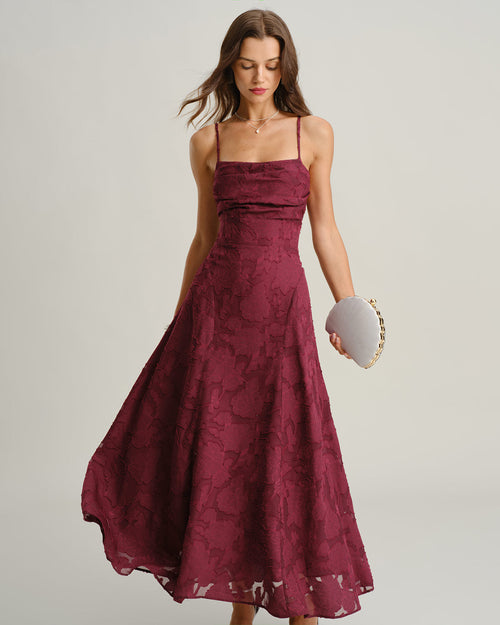 Cassandra | Damen Jacquard-Maxikleid – Bordeaux