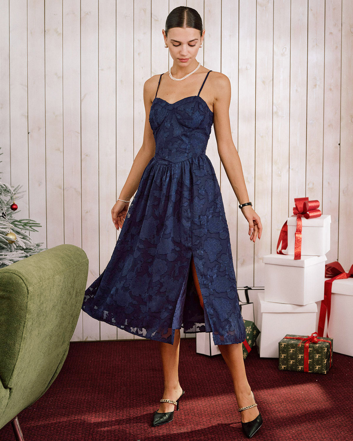 Celeste | Damen Jacquard-Midikleid in A-Linie – Blau
