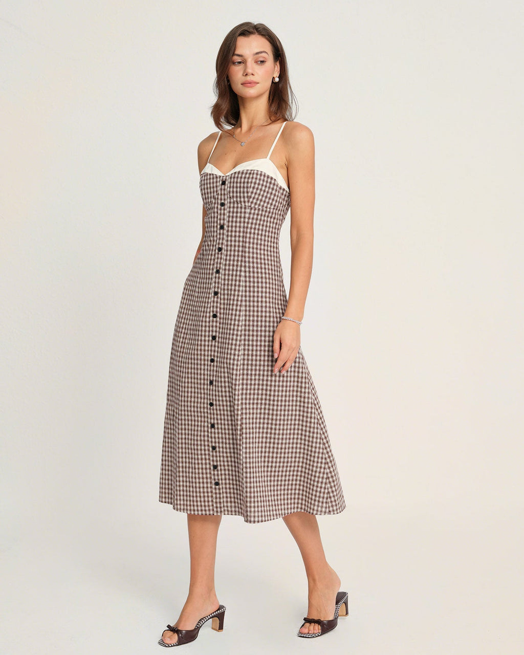 Margaux | Damen Karo-Midikleid – Mokkabraun