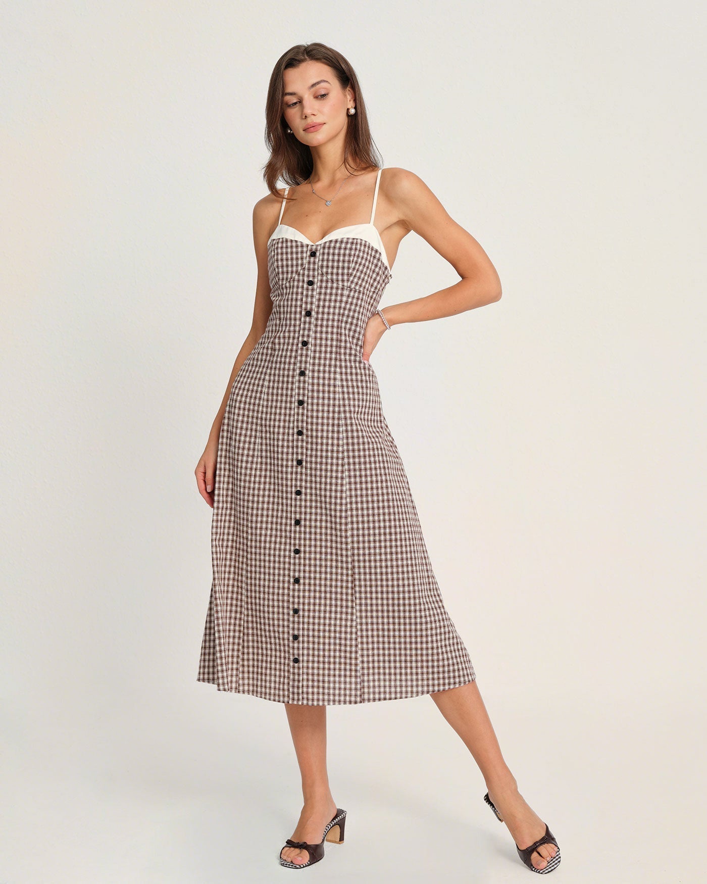 Margaux | Damen Karo-Midikleid – Mokkabraun