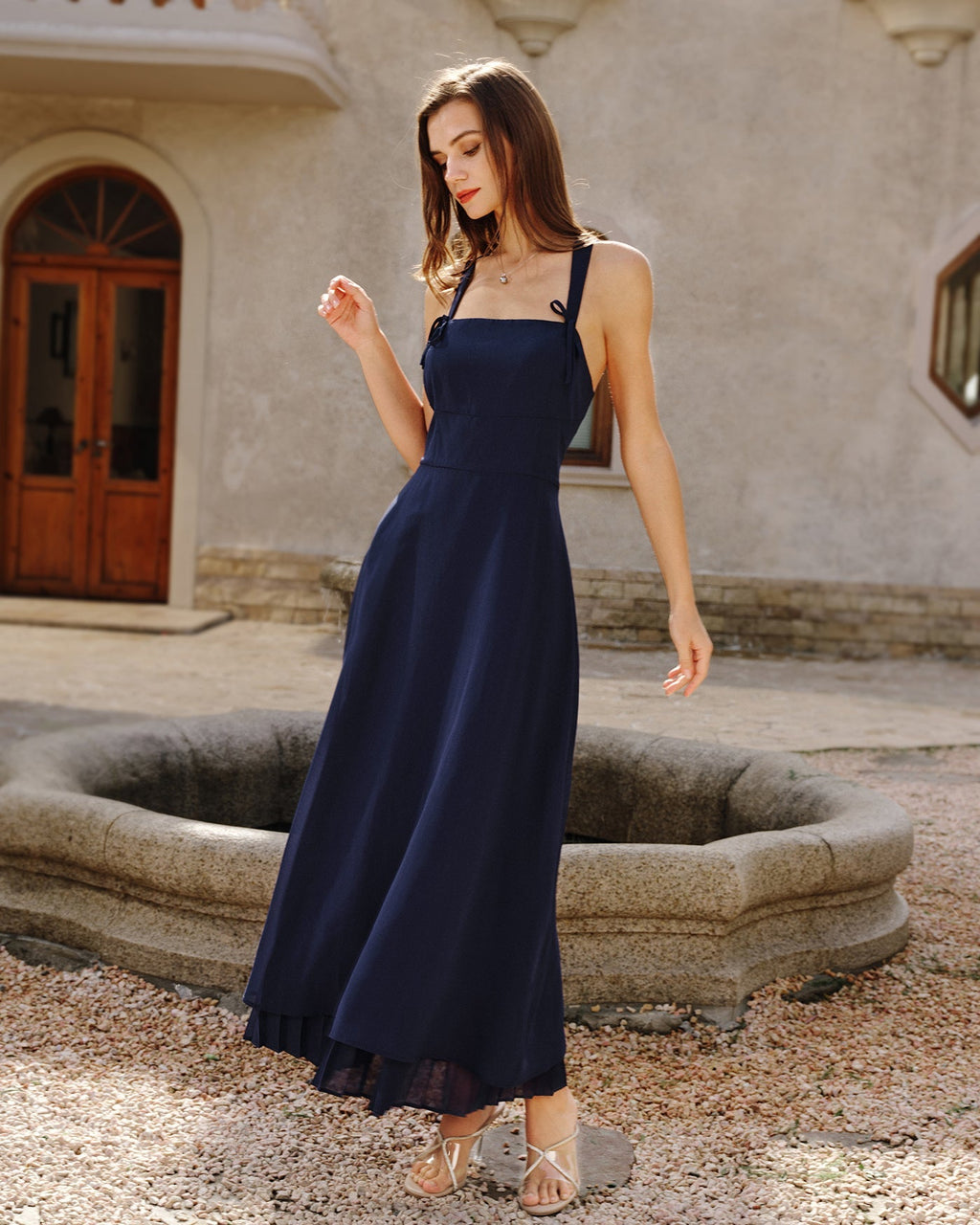 Estelle | Damen Maxikleid mit Karree-Ausschnitt – Dunkelblau