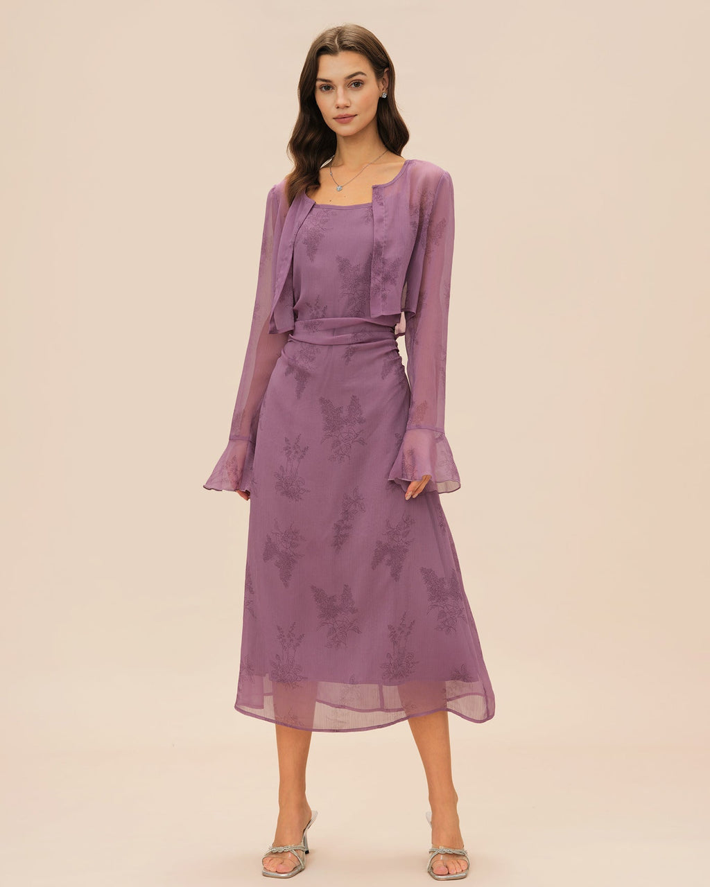 Yara | Damen Floral-Midikleid mit Raffung – Violett