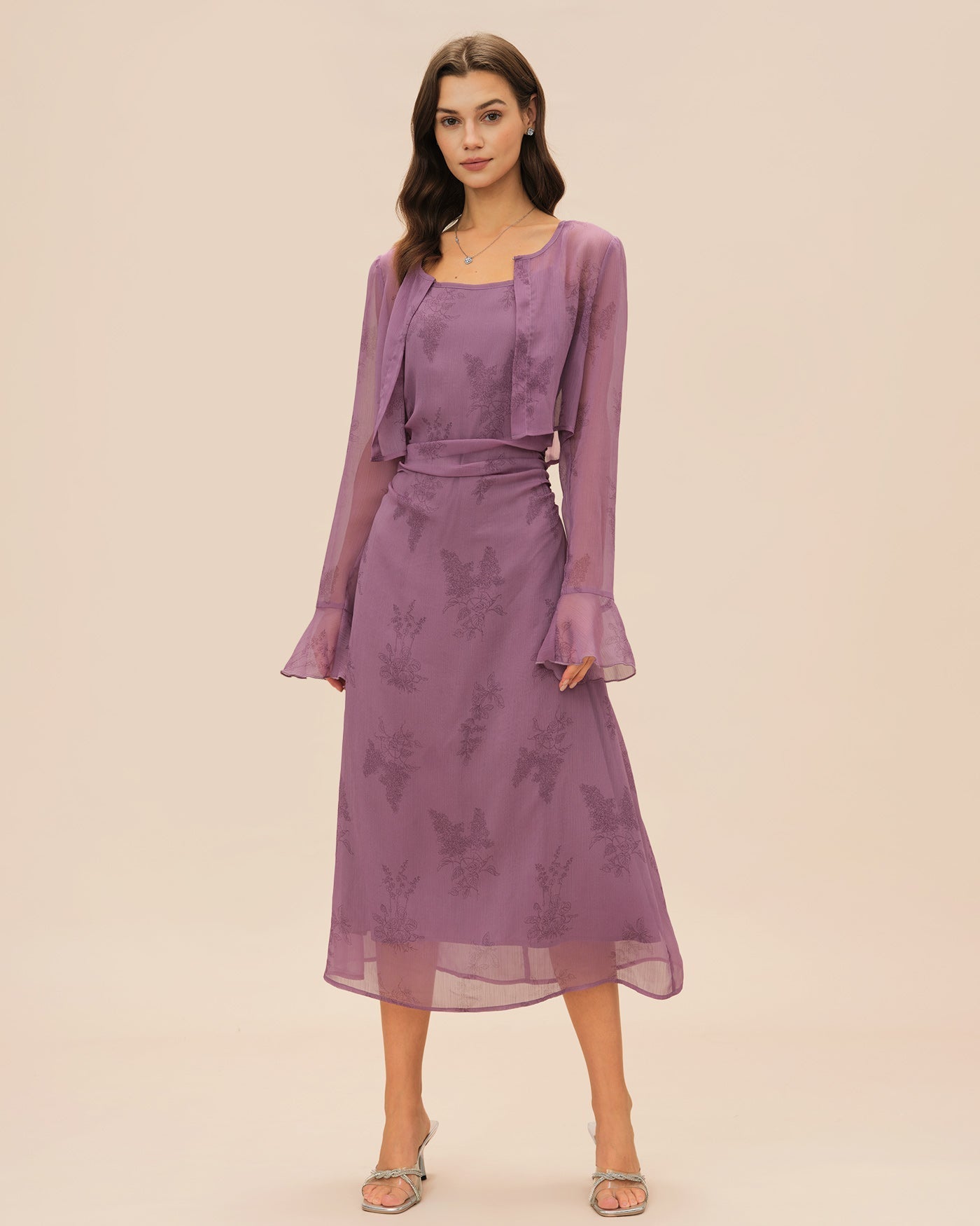 Yara | Damen Floral-Midikleid mit Raffung – Violett