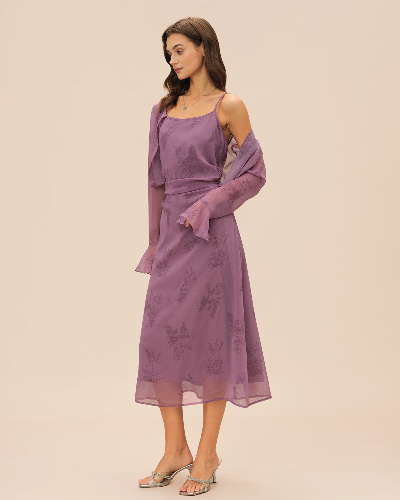 Yara | Damen Floral-Midikleid mit Raffung – Violett