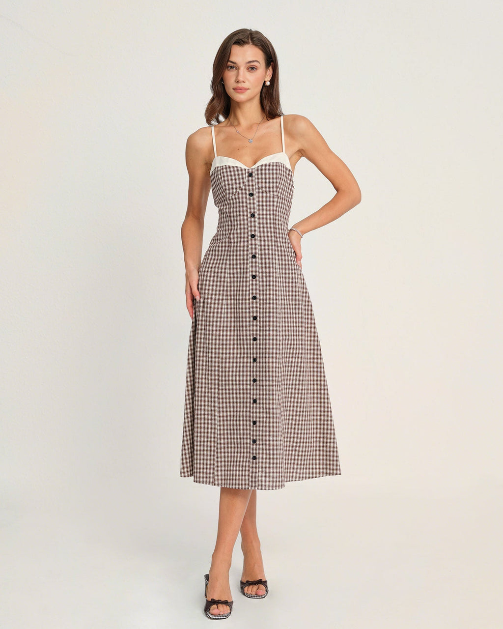 Margaux | Damen Karo-Midikleid – Mokkabraun
