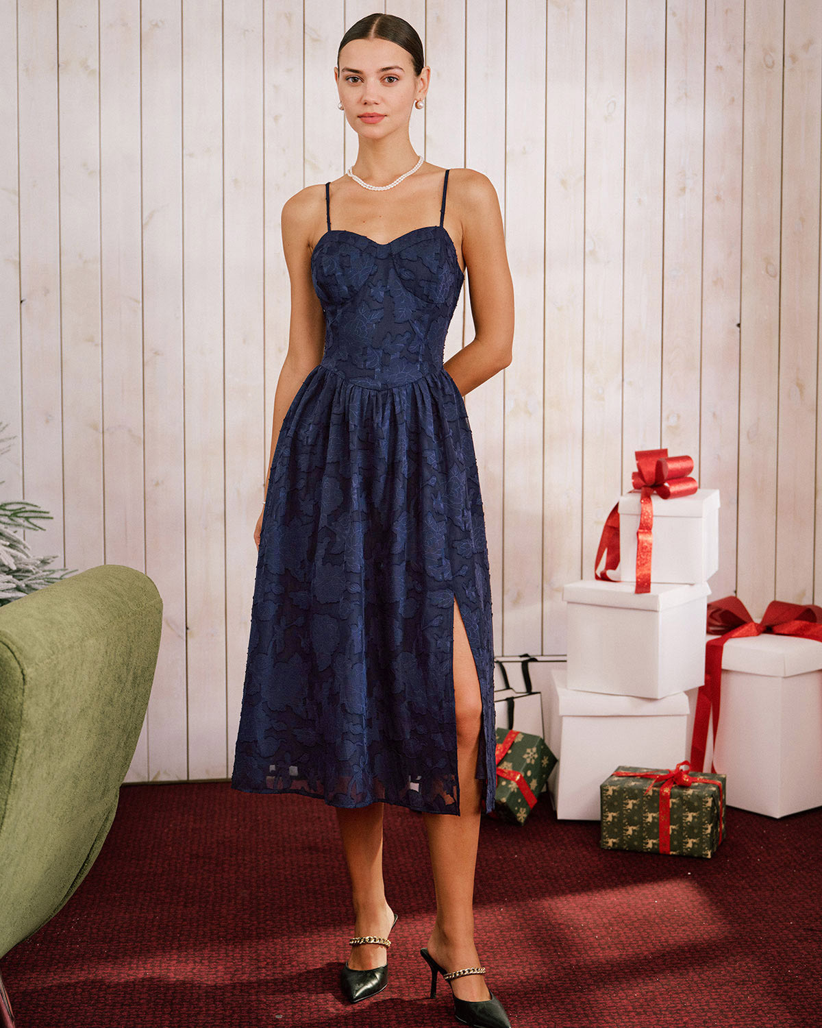 Celeste | Damen Jacquard-Midikleid in A-Linie – Blau