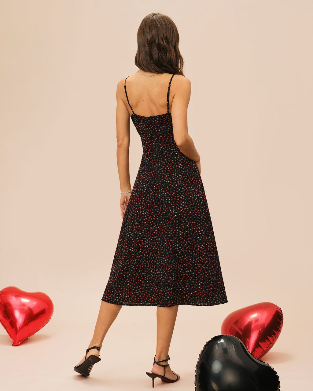 Violette | Damen Floral-Midikleid in A-Linie – Schwarz