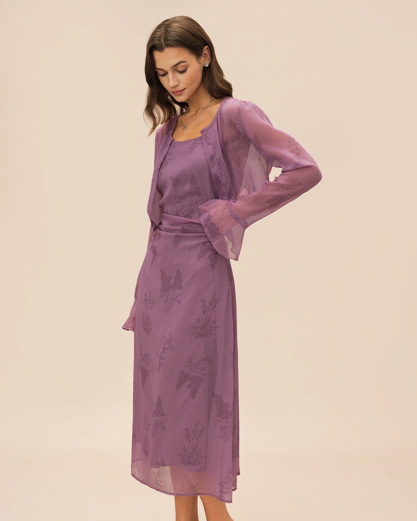 Yara | Damen Floral-Midikleid mit Raffung – Violett