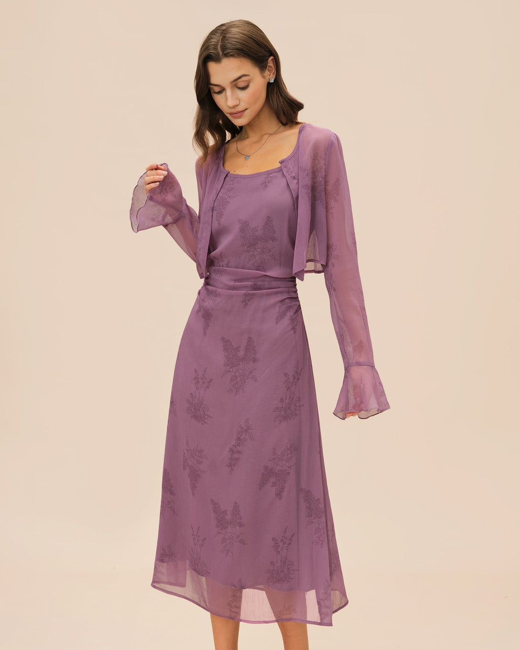 Yara | Damen Floral-Midikleid mit Raffung – Violett