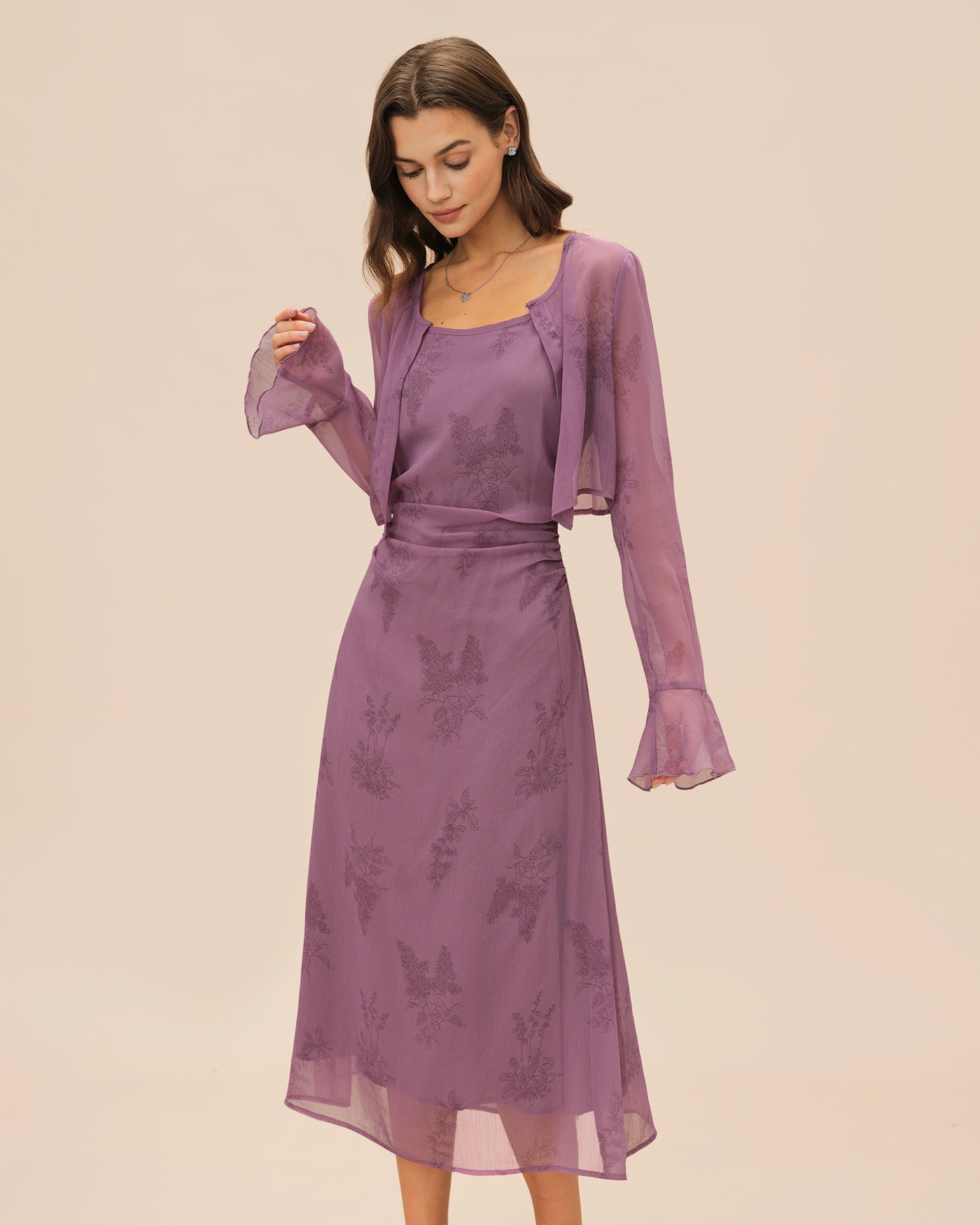 Yara | Damen Floral-Midikleid mit Raffung – Violett