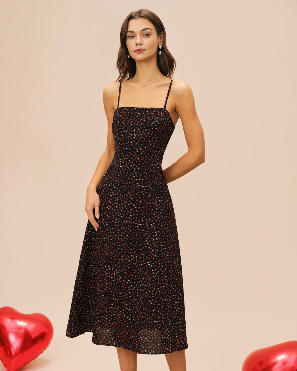 Violette | Damen Floral-Midikleid in A-Linie – Schwarz