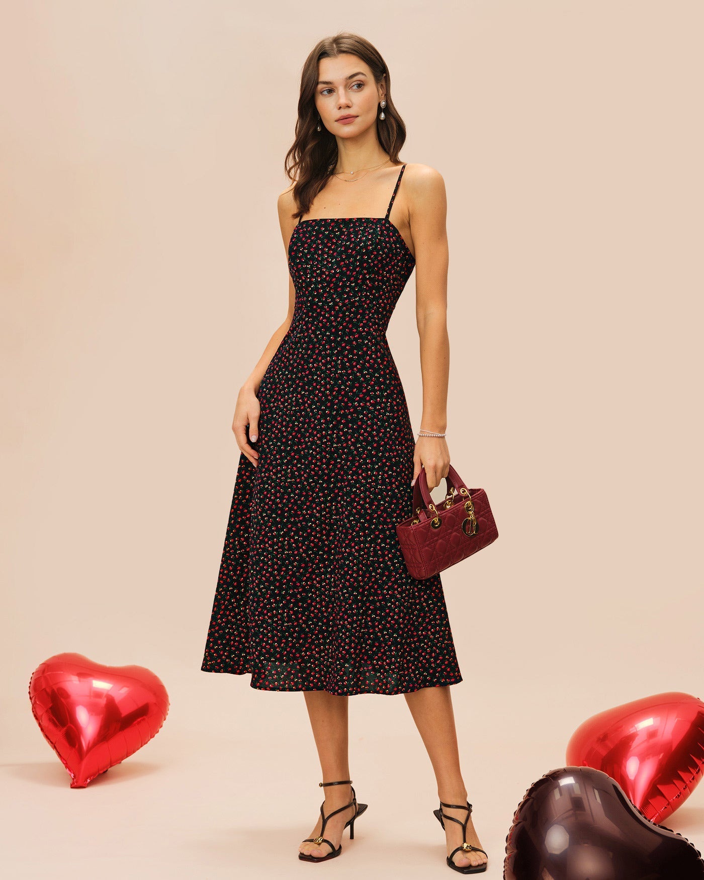 Violette | Damen Floral-Midikleid in A-Linie – Schwarz
