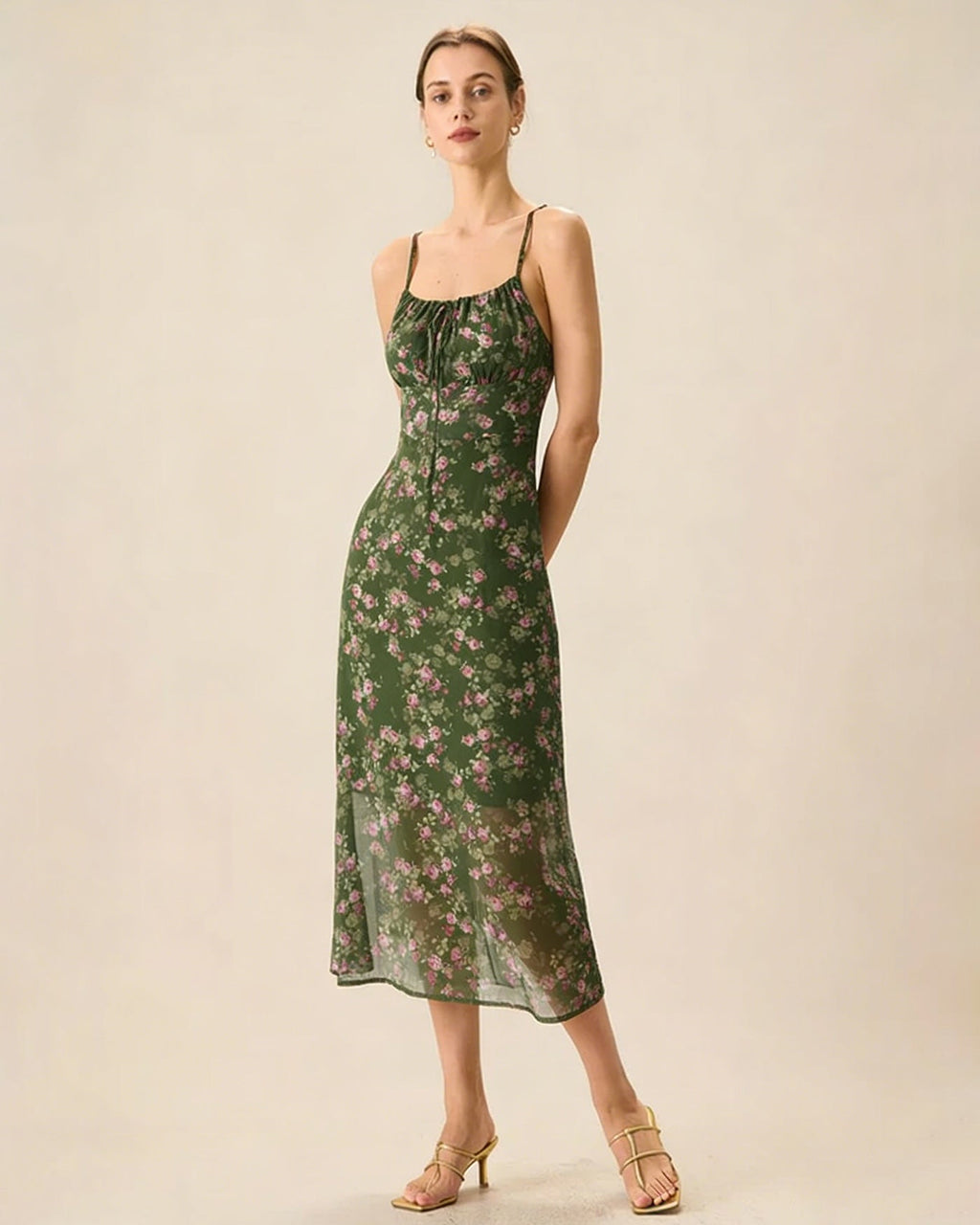 Noélie | Damen Floral-Midikleid gesmokt – Grün