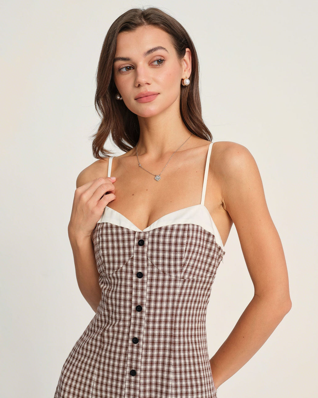 Margaux | Damen Karo-Midikleid – Mokkabraun
