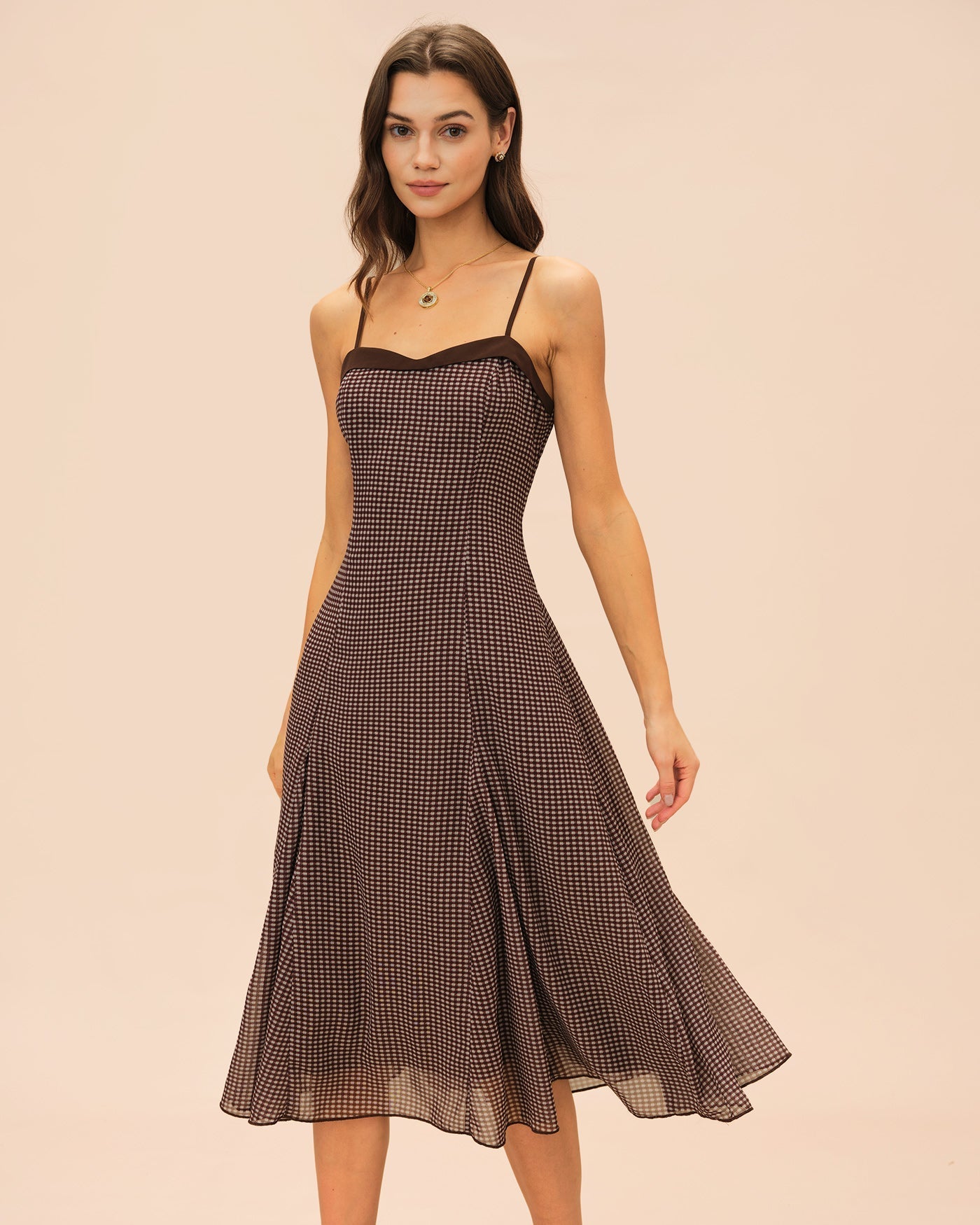 Adeline | Damen Karo-Midikleid mit Herz-Ausschnitt – Braun