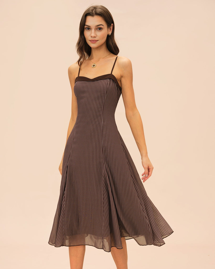 Adeline | Damen Karo-Midikleid mit Herz-Ausschnitt – Braun
