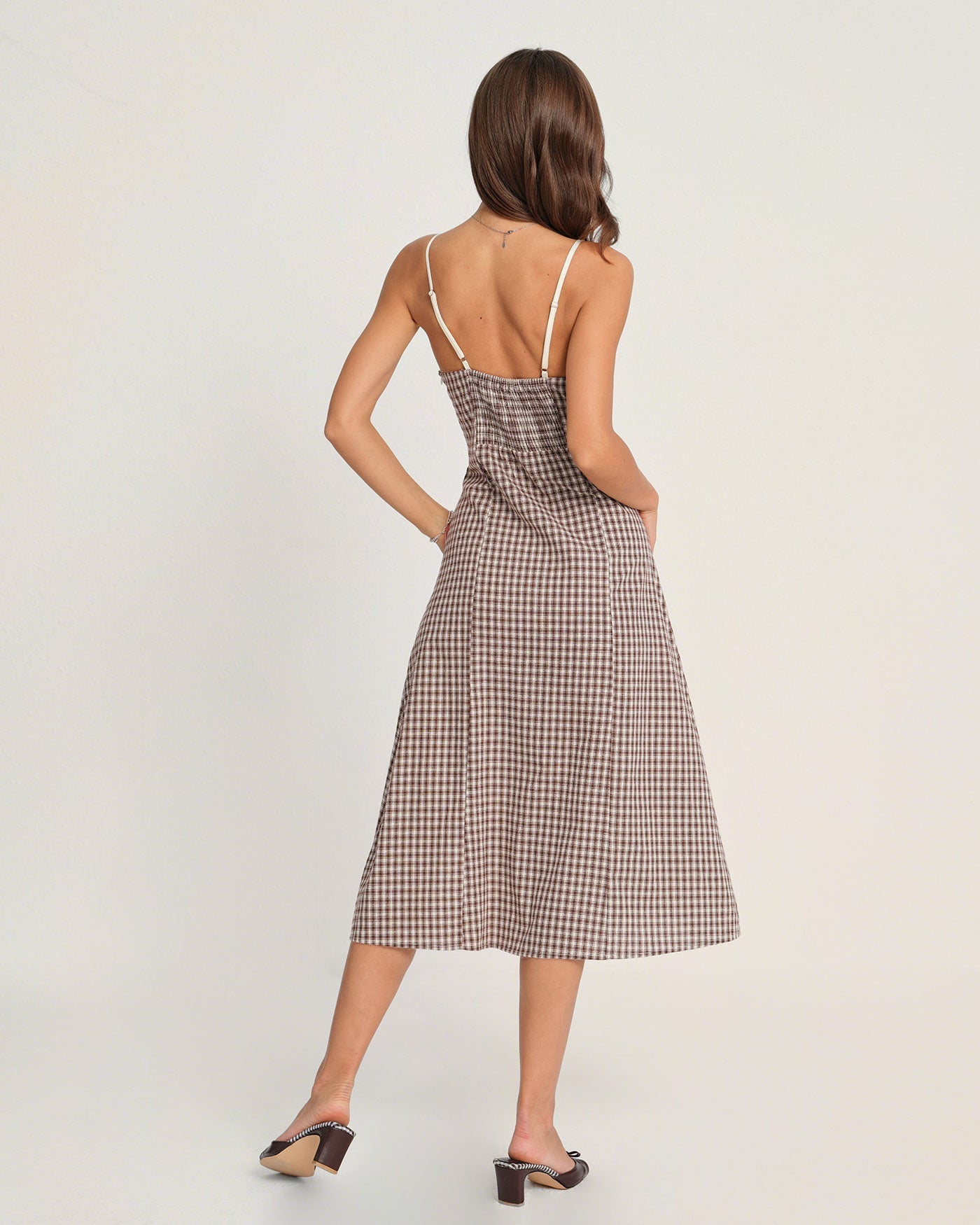 Margaux | Damen Karo-Midikleid – Mokkabraun