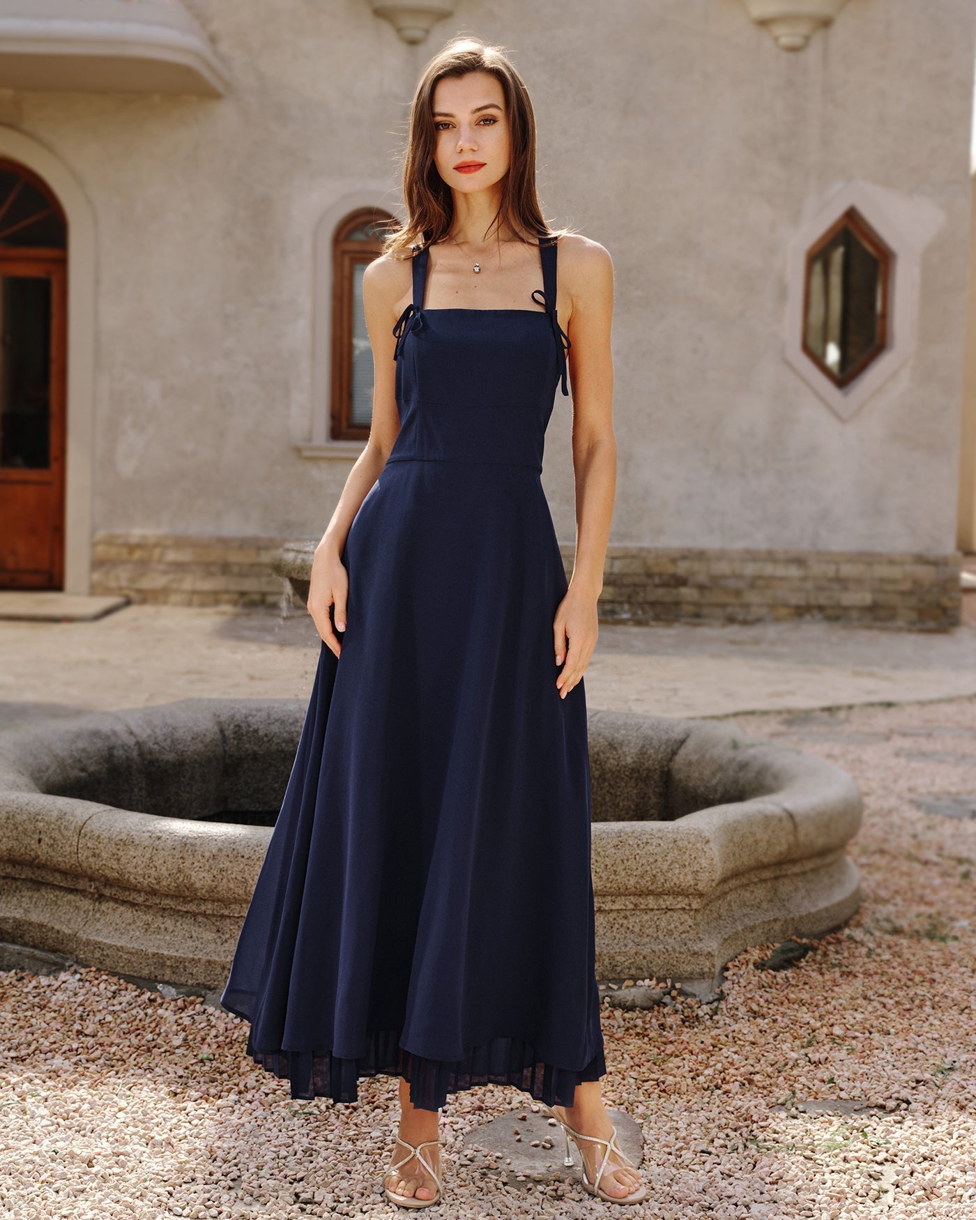 Estelle | Damen Maxikleid mit Karree-Ausschnitt – Dunkelblau