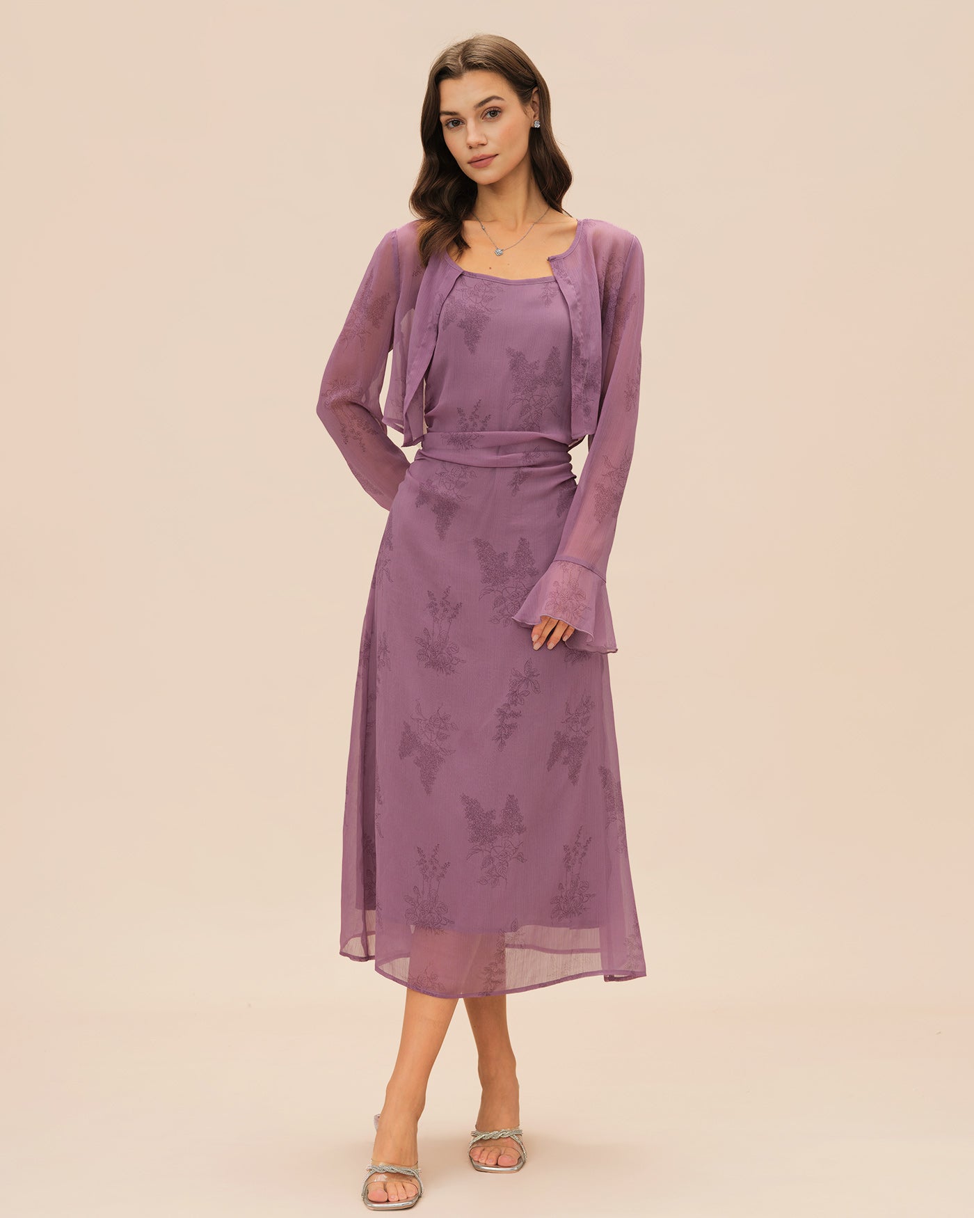 Yara | Damen Floral-Midikleid mit Raffung – Violett