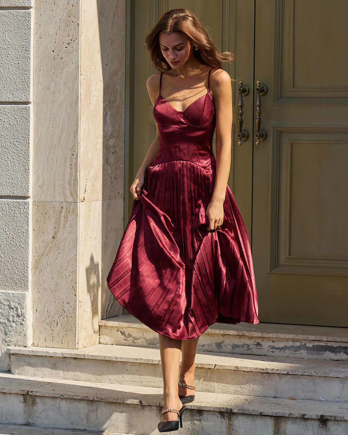 Vivienne | Damen Midikleid mit Raffung – Bordeaux