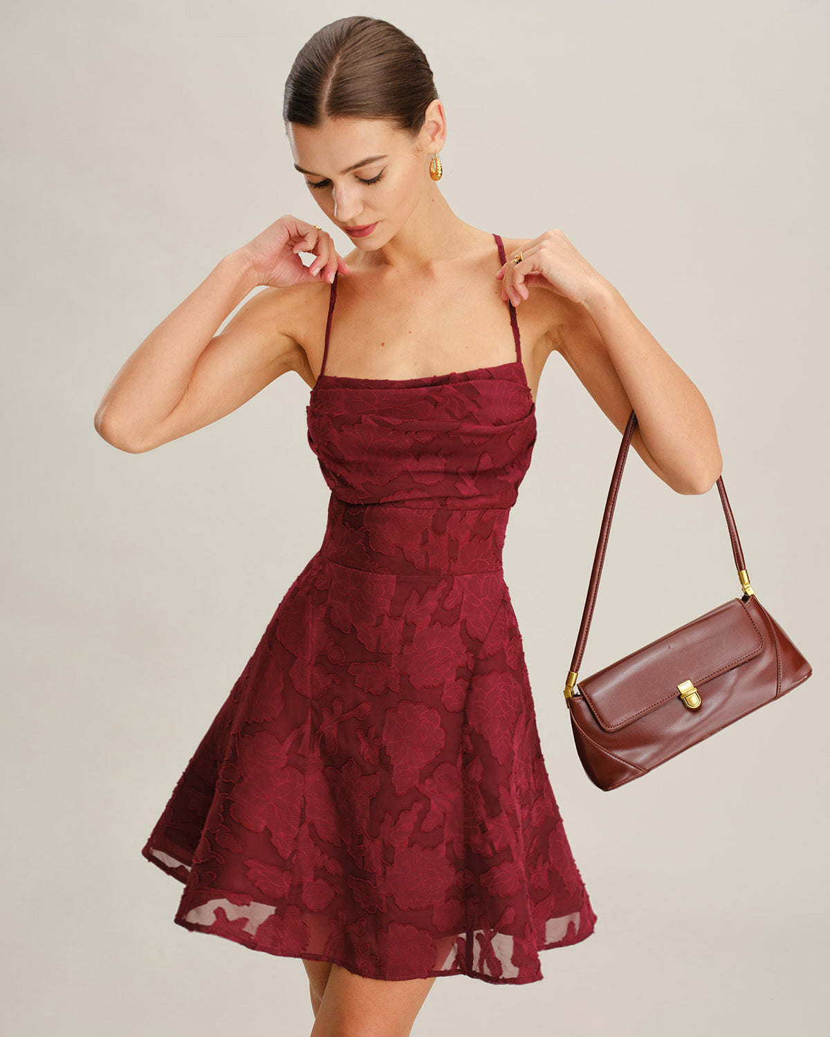 Philine | Damen Floral-Minikleid rückenfrei – Bordeaux