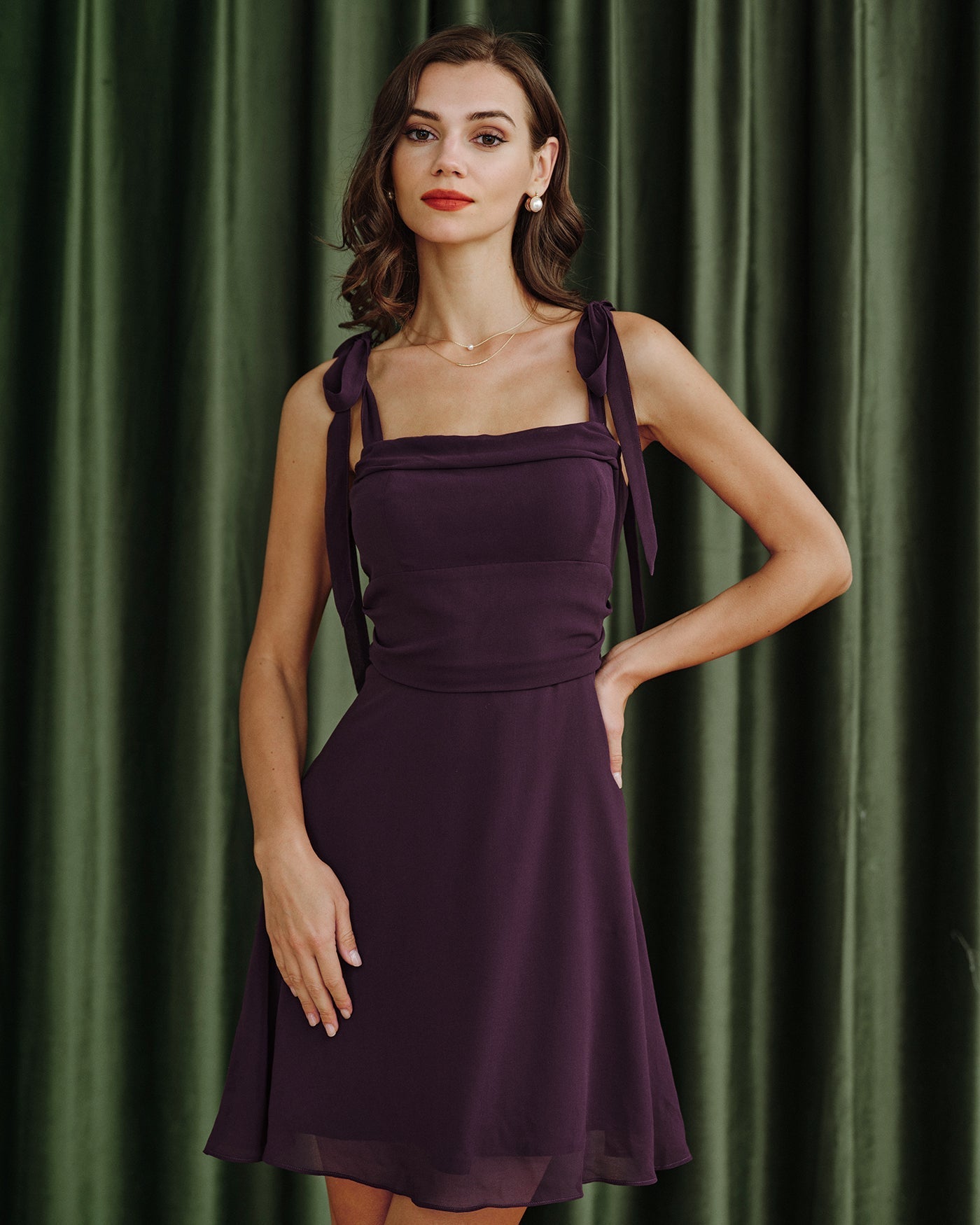 Beatrice | Damen Chiffon-Minikleid mit Bindeträgern – Violett