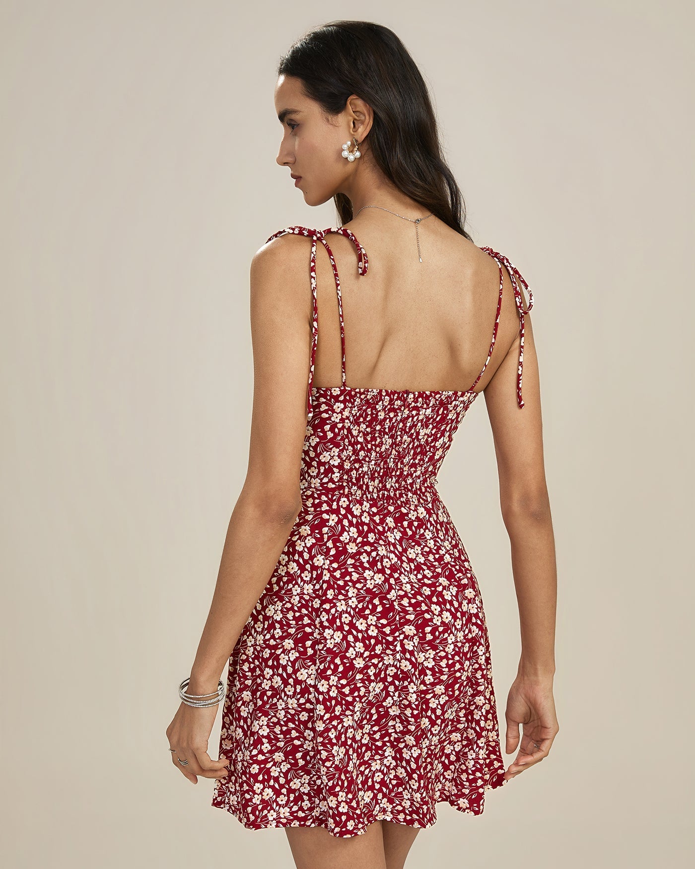 Mireya | Damen Floral-Minikleid mit Bindeträgern – Rot