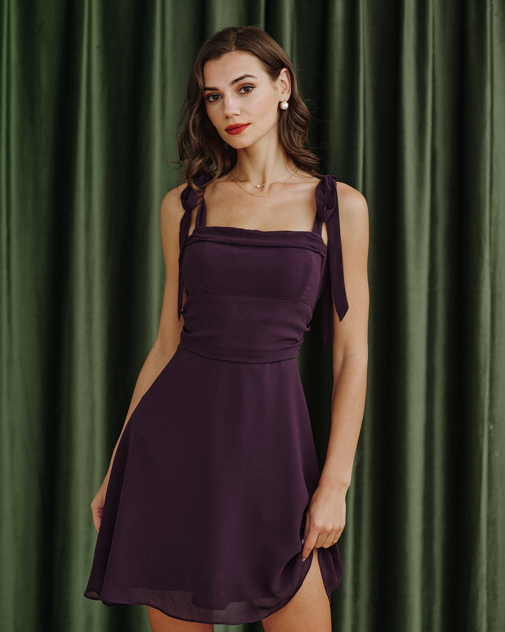Beatrice | Damen Chiffon-Minikleid mit Bindeträgern – Violett
