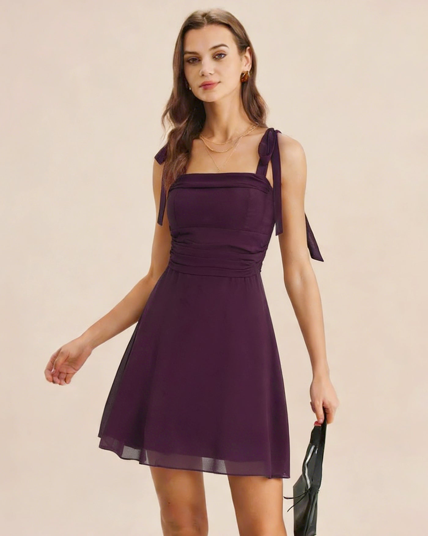 Beatrice | Damen Chiffon-Minikleid mit Bindeträgern – Violett