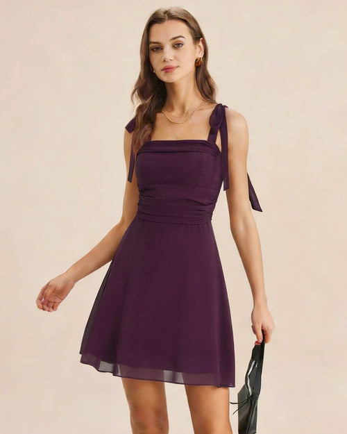 Beatrice | Damen Chiffon-Minikleid mit Bindeträgern – Violett