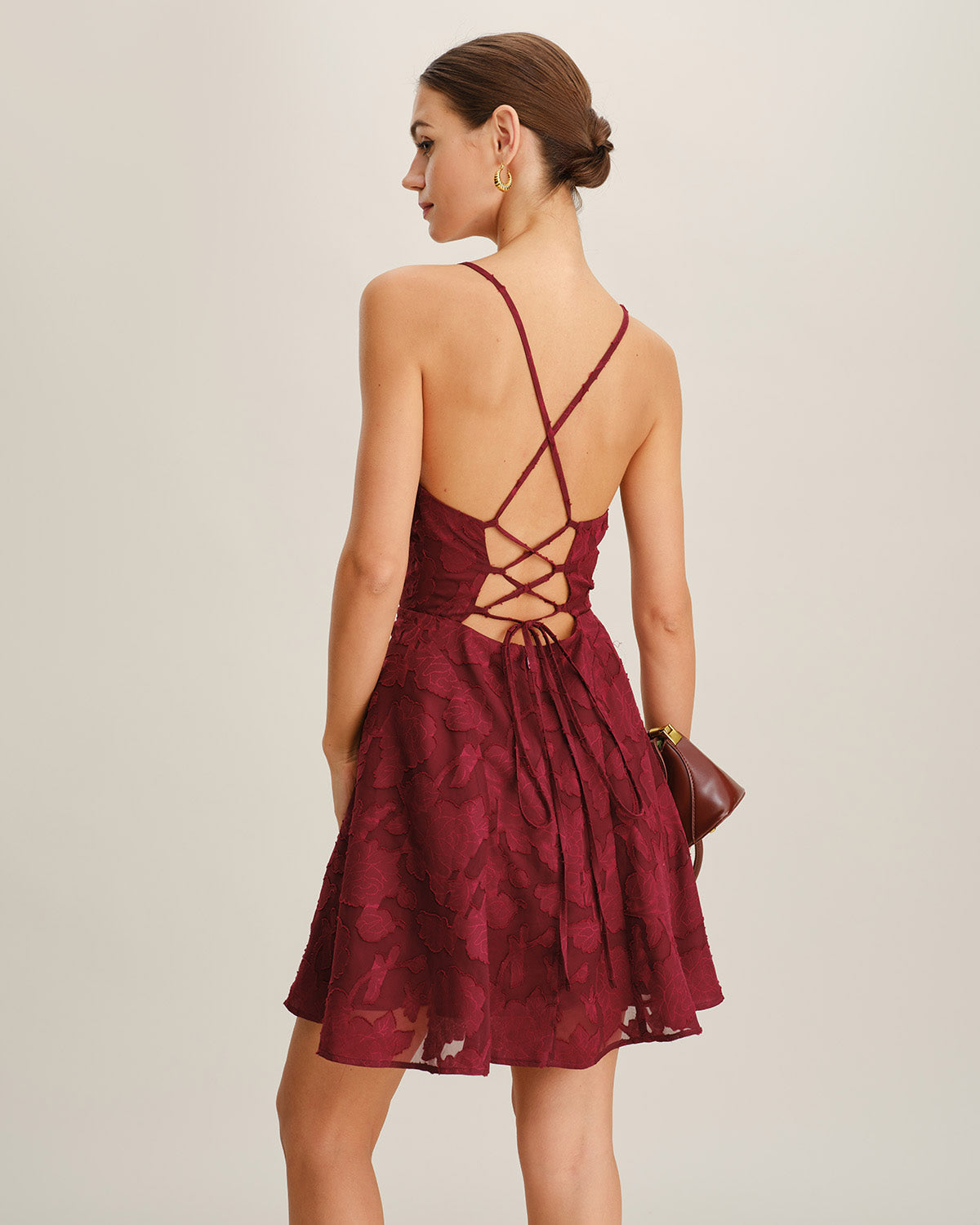 Philine | Damen Floral-Minikleid rückenfrei – Bordeaux