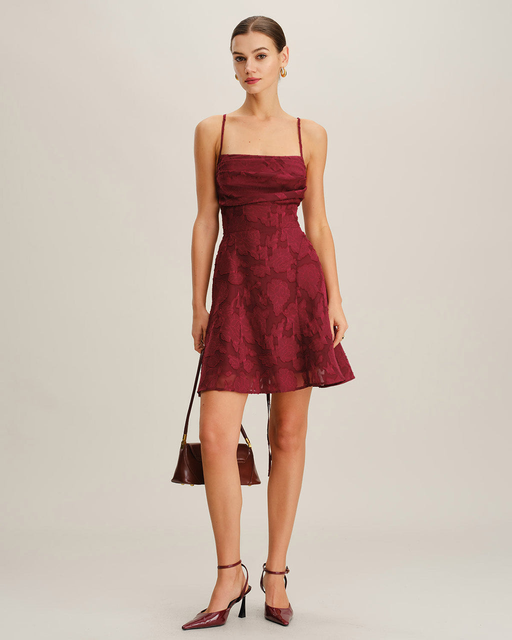 Philine | Damen Floral-Minikleid rückenfrei – Bordeaux