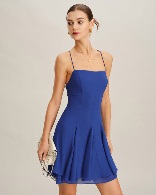 Celine | Damen Chiffon-Minikleid rückenfrei – Blau