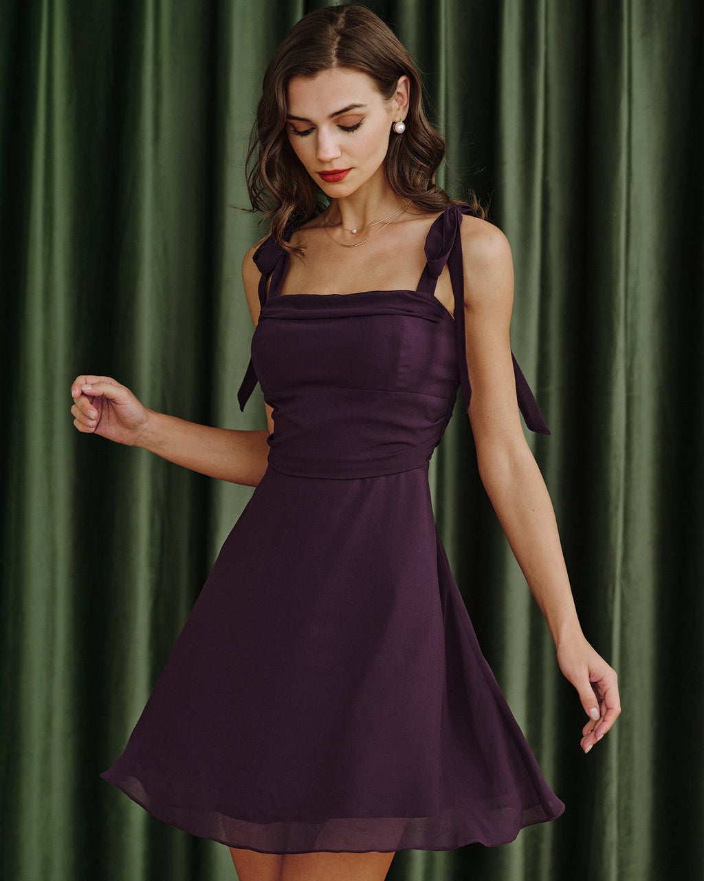 Beatrice | Damen Chiffon-Minikleid mit Bindeträgern – Violett