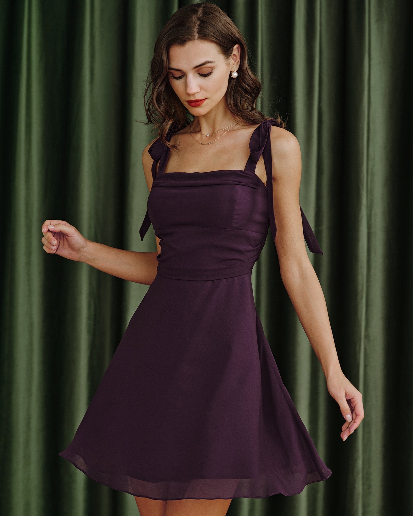 Beatrice | Damen Chiffon-Minikleid mit Bindeträgern – Violett