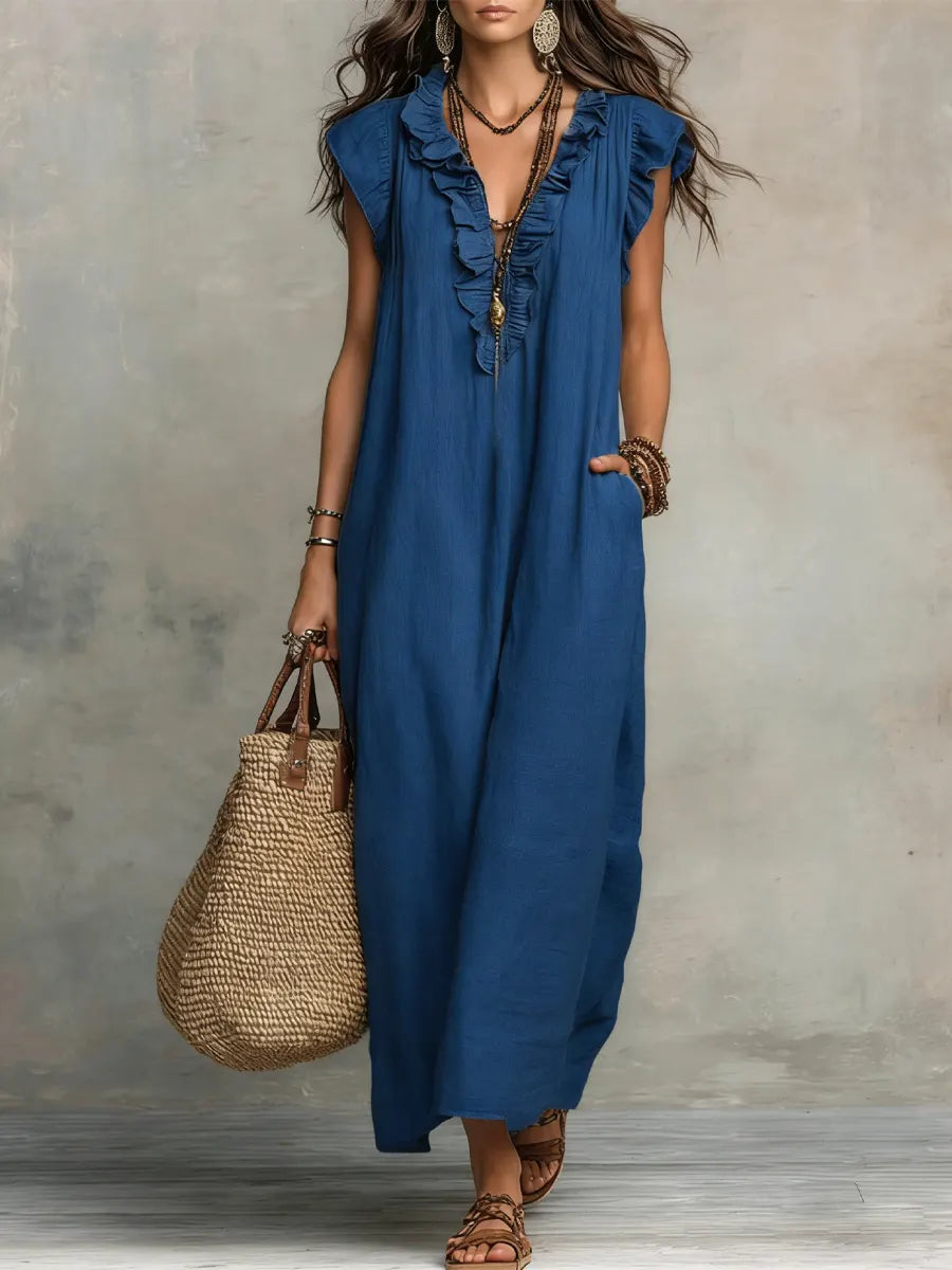 Xanthe | Damen V-Ausschnitt Rüschen Maxikleid